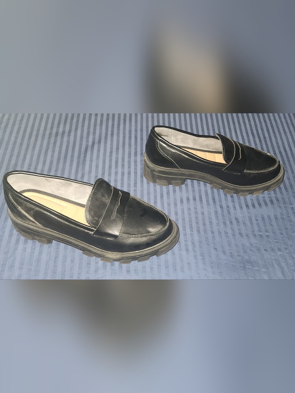 Women's Black Faux Leather Penny Loafers Chunky Heels Size 8.5